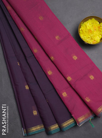 Semi maheswari cotton saree peacock green and pink with zari woven buttas and small zari woven border
