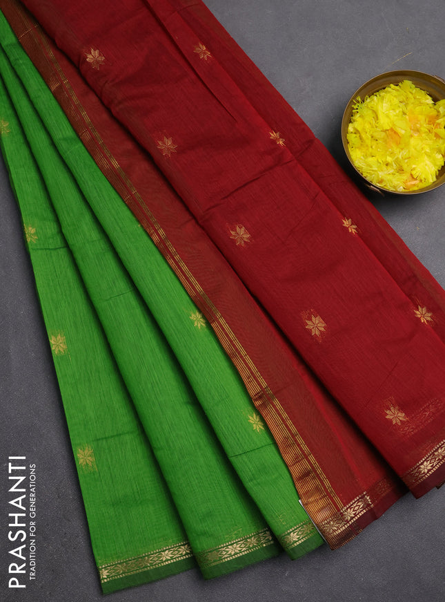Semi maheswari cotton saree green and maroon with zari woven buttas and small zari woven border