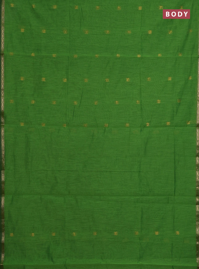 Semi maheswari cotton saree green and maroon with zari woven buttas and small zari woven border