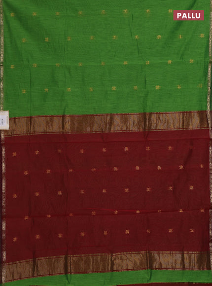Semi maheswari cotton saree green and maroon with zari woven buttas and small zari woven border