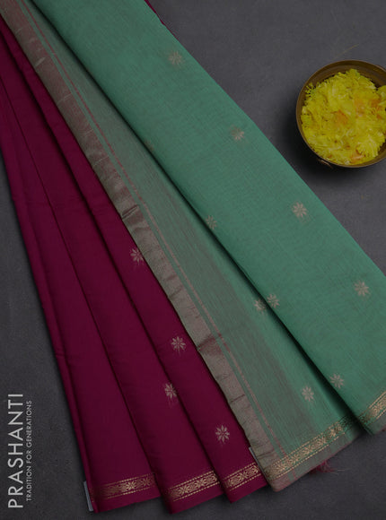 Semi maheswari cotton saree magenta pink and teal green with zari woven buttas and small zari woven border