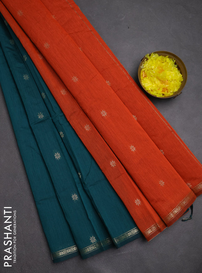 Semi maheswari cotton saree teal green and orange with zari woven buttas and small zari woven border