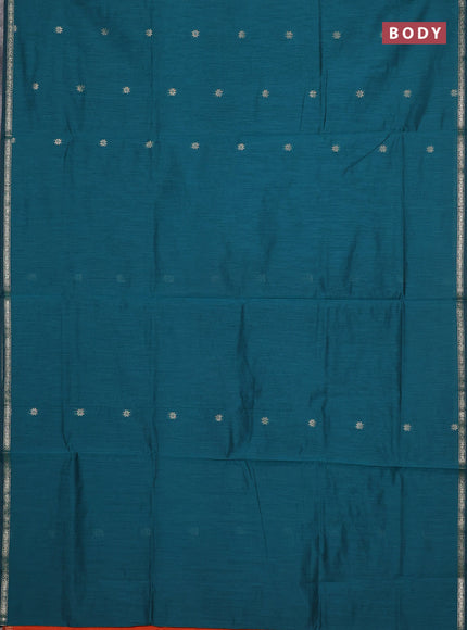 Semi maheswari cotton saree teal green and orange with zari woven buttas and small zari woven border