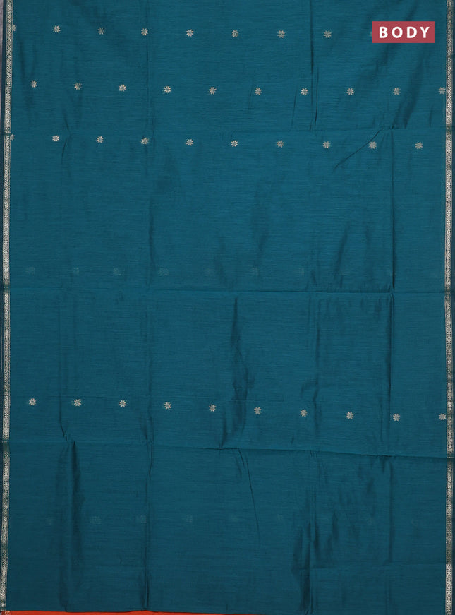 Semi maheswari cotton saree teal green and orange with zari woven buttas and small zari woven border