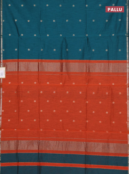 Semi maheswari cotton saree teal green and orange with zari woven buttas and small zari woven border