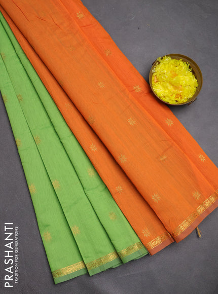 Semi maheswari cotton saree light green and orange with zari woven buttas and small zari woven border