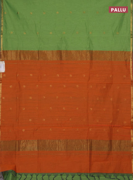 Semi maheswari cotton saree light green and orange with zari woven buttas and small zari woven border