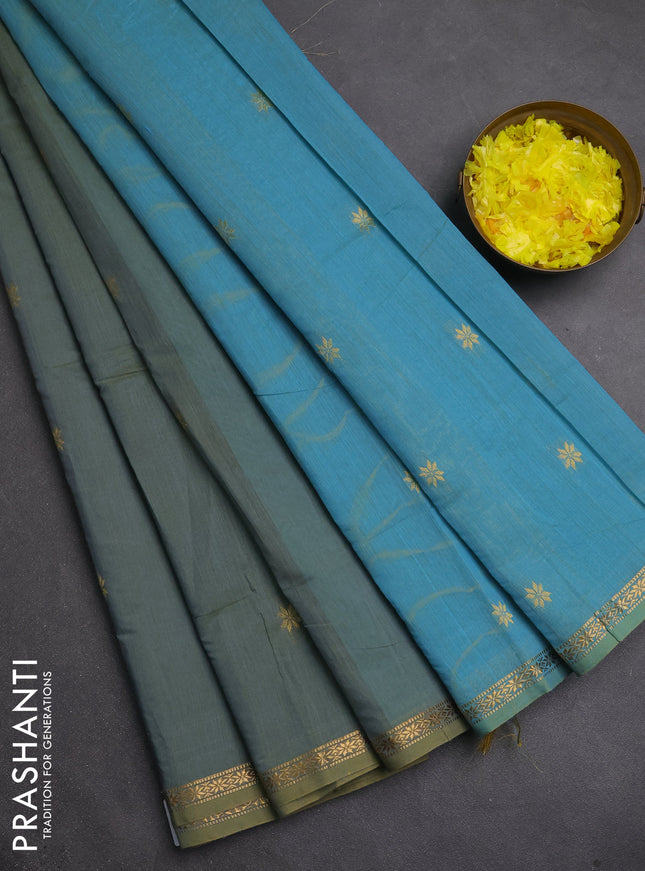 Semi maheswari cotton saree greyish green and blue with zari woven buttas and small zari woven border