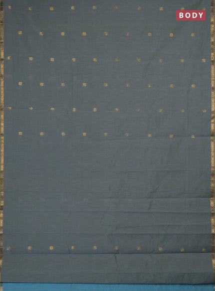 Semi maheswari cotton saree greyish green and blue with zari woven buttas and small zari woven border