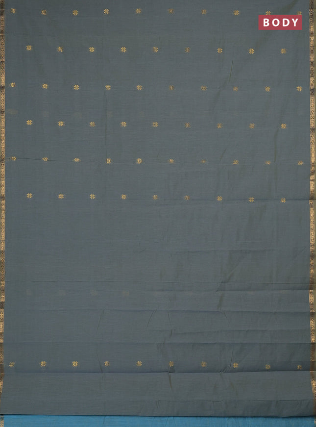 Semi maheswari cotton saree greyish green and blue with zari woven buttas and small zari woven border