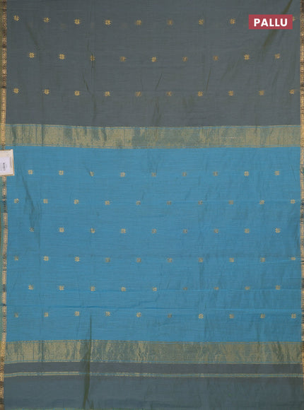 Semi maheswari cotton saree greyish green and blue with zari woven buttas and small zari woven border