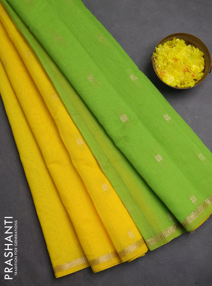 Semi maheswari cotton saree yellow and light green with zari woven buttas and small zari woven border
