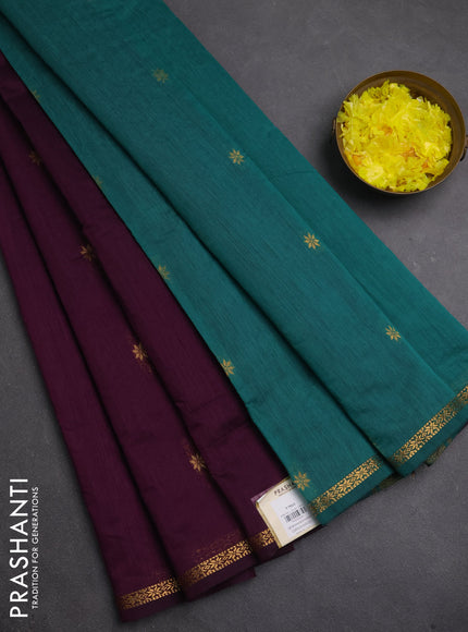 Semi maheswari cotton saree deep purple and teal green with zari woven buttas and small zari woven border