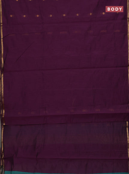Semi maheswari cotton saree deep purple and teal green with zari woven buttas and small zari woven border