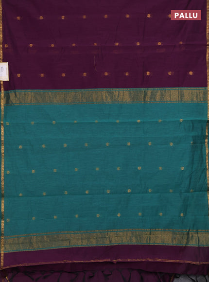 Semi maheswari cotton saree deep purple and teal green with zari woven buttas and small zari woven border