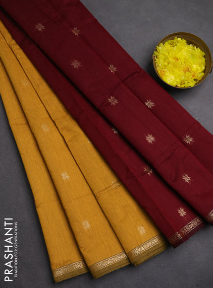 Semi maheswari cotton saree mustard yellow and maroon with zari woven buttas and small zari woven border