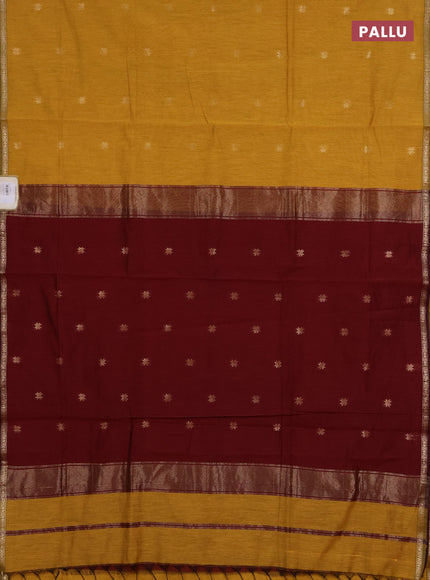 Semi maheswari cotton saree mustard yellow and maroon with zari woven buttas and small zari woven border