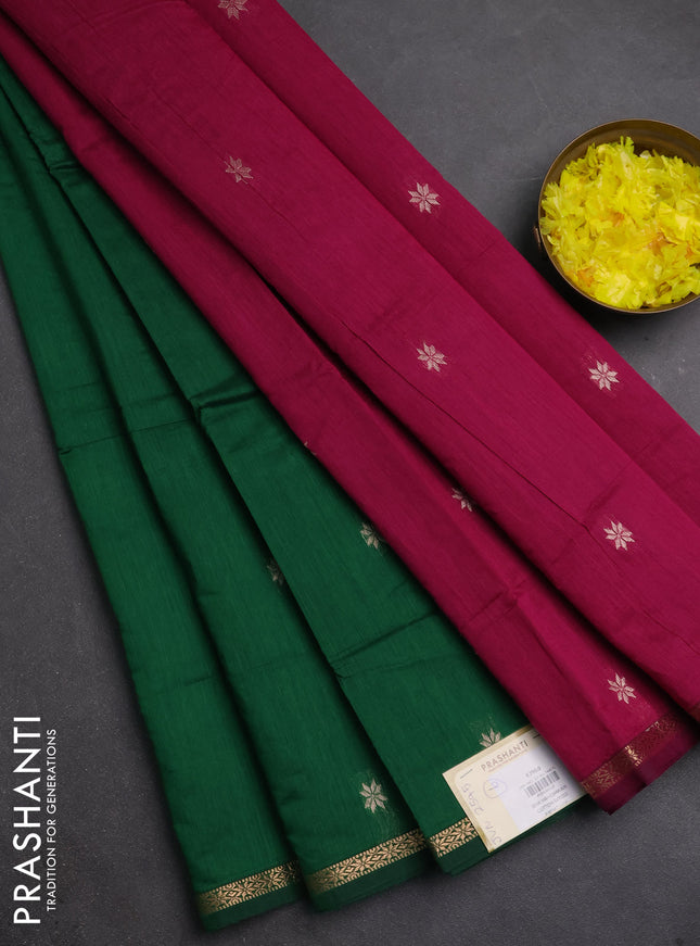 Semi maheswari cotton saree green and pink with zari woven buttas and small zari woven border