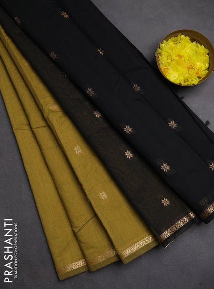 Semi maheswari cotton saree dark mustard and black with zari woven buttas and small zari woven border