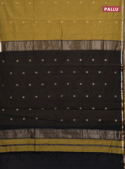 Semi maheswari cotton saree dark mustard and black with zari woven buttas and small zari woven border