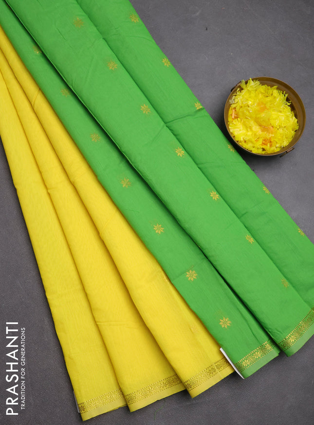 Semi maheswari cotton saree yellow and light green with zari woven buttas and small zari woven border