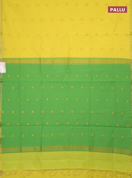Semi maheswari cotton saree yellow and light green with zari woven buttas and small zari woven border