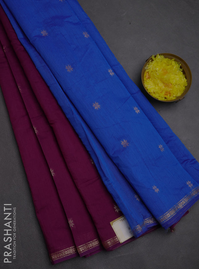 Semi maheswari cotton saree purple and blue with zari woven buttas and small zari woven border