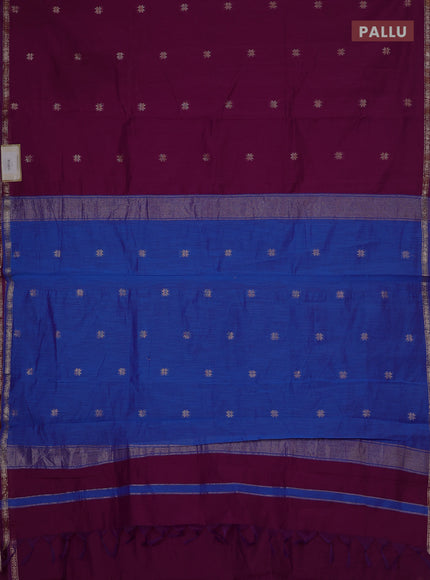 Semi maheswari cotton saree purple and blue with zari woven buttas and small zari woven border