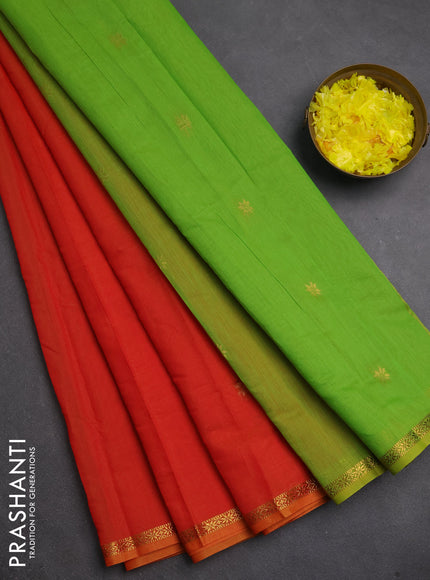 Semi maheswari cotton saree orange and light green with zari woven buttas and small zari woven border
