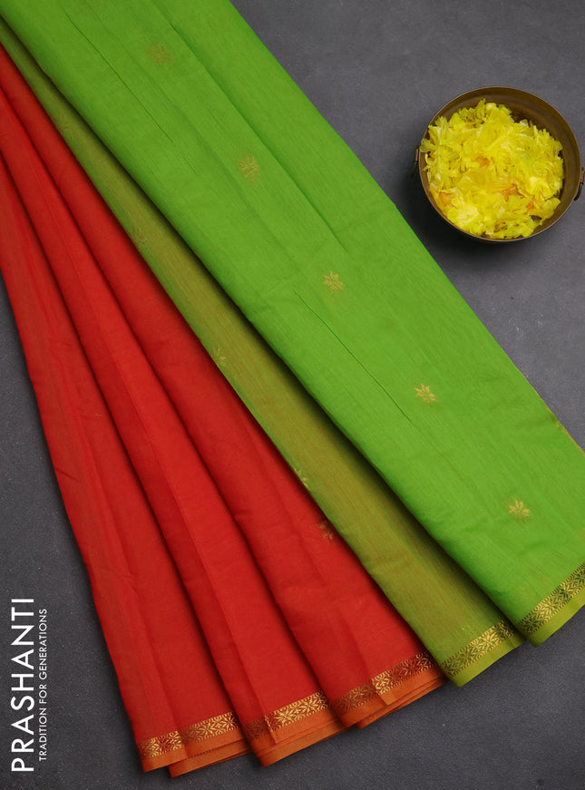 Semi maheswari cotton saree orange and light green with zari woven buttas and small zari woven border