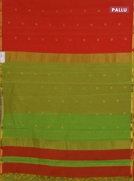 Semi maheswari cotton saree orange and light green with zari woven buttas and small zari woven border