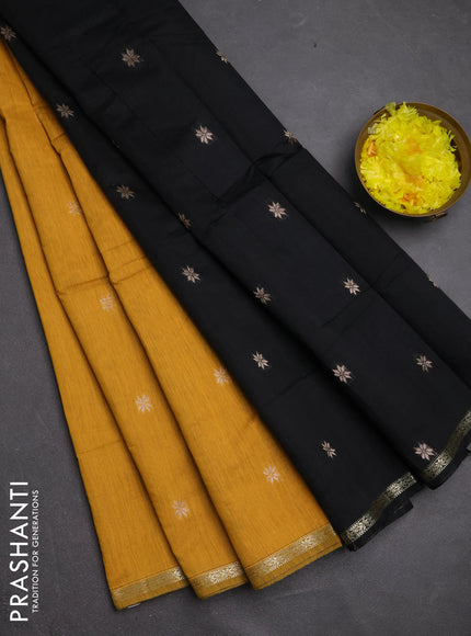 Semi maheswari cotton saree mustard yellow and black with zari woven buttas and small zari woven border