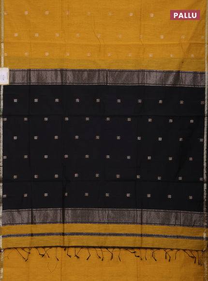 Semi maheswari cotton saree mustard yellow and black with zari woven buttas and small zari woven border