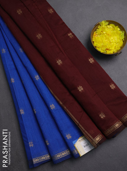 Semi maheswari cotton saree blue and dark maroon with zari woven buttas and small zari woven border