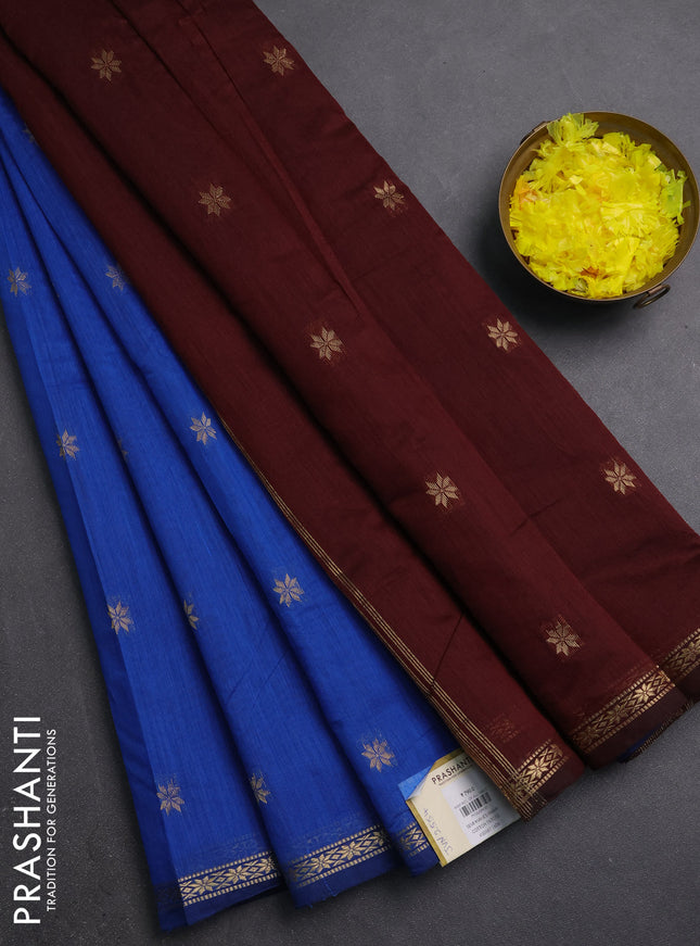 Semi maheswari cotton saree blue and dark maroon with zari woven buttas and small zari woven border