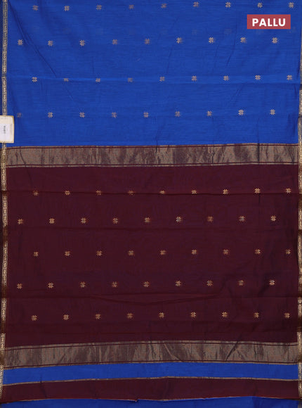 Semi maheswari cotton saree blue and dark maroon with zari woven buttas and small zari woven border