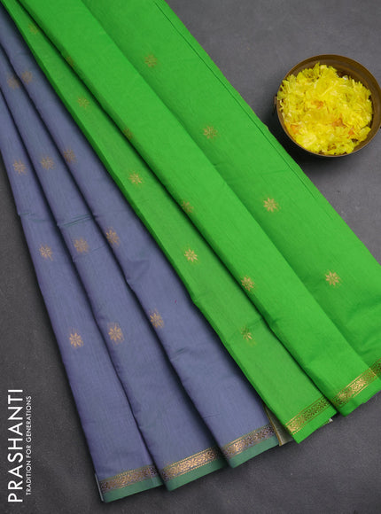Semi maheswari cotton saree grey and green with zari woven buttas and small zari woven border