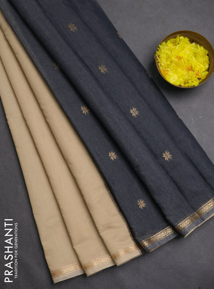 Semi maheswari cotton saree sandal and grey with zari woven buttas and small zari woven border