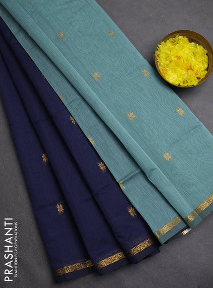 Semi maheswari cotton saree grey and bluish green with zari woven buttas and small zari woven border
