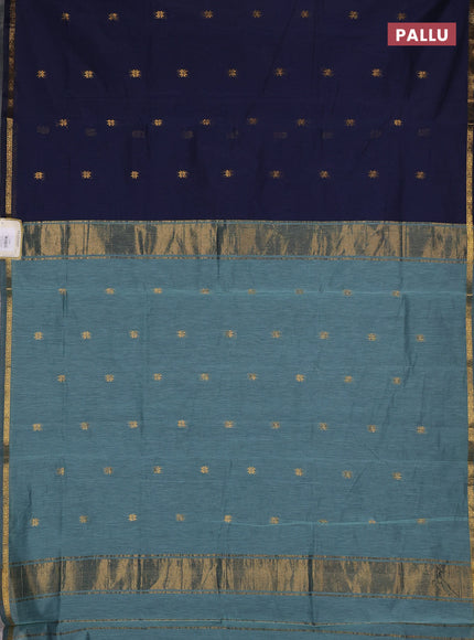 Semi maheswari cotton saree grey and bluish green with zari woven buttas and small zari woven border