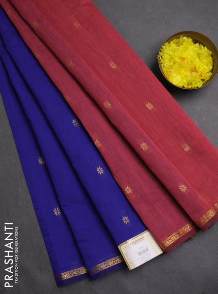 Semi maheswari cotton saree blue and onion pink with zari woven buttas and small zari woven border