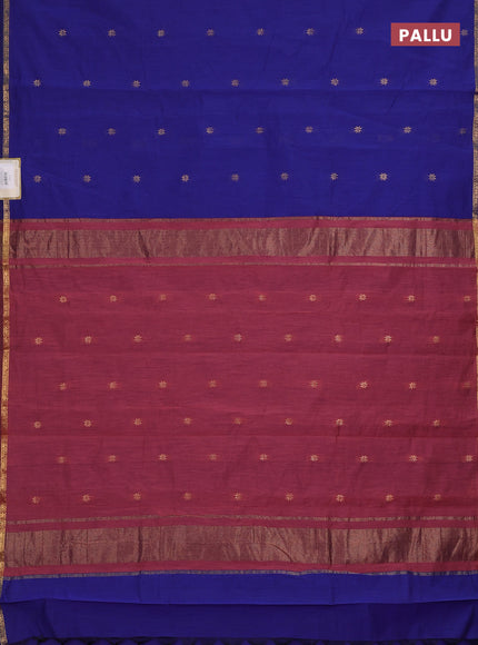 Semi maheswari cotton saree blue and onion pink with zari woven buttas and small zari woven border
