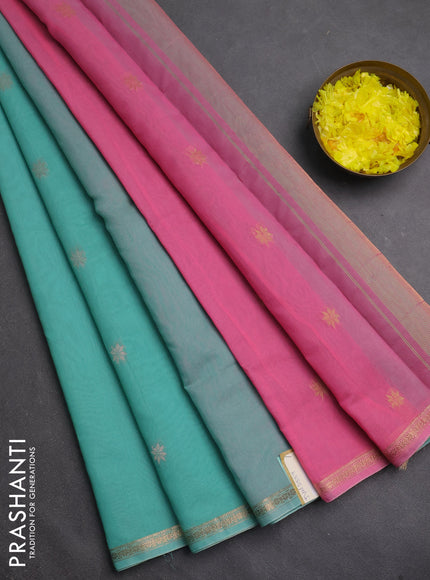 Semi maheswari cotton saree pastel green and pink shade with zari woven buttas and small zari woven border