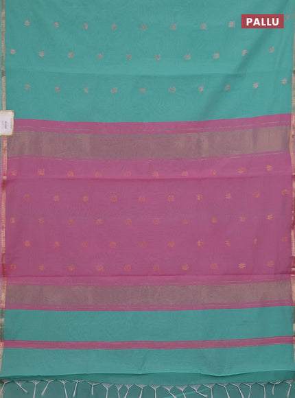 Semi maheswari cotton saree pastel green and pink shade with zari woven buttas and small zari woven border