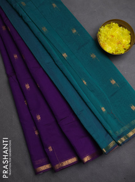Semi maheswari cotton saree purple and peacock green with zari woven buttas and small zari woven border