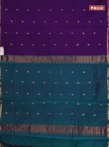 Semi maheswari cotton saree purple and peacock green with zari woven buttas and small zari woven border