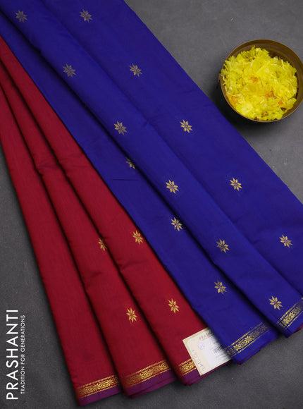 Semi maheswari cotton saree maroon shade and blue with zari woven buttas and small zari woven border