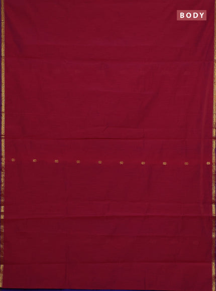 Semi maheswari cotton saree maroon shade and blue with zari woven buttas and small zari woven border