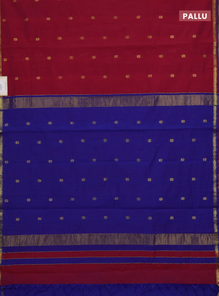 Semi maheswari cotton saree maroon shade and blue with zari woven buttas and small zari woven border