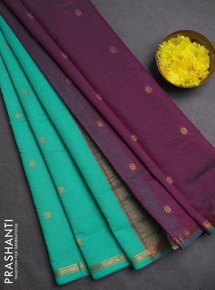 Semi maheswari cotton saree teal green and purple with zari woven buttas and small zari woven border